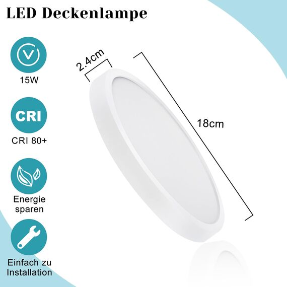 ZMH Deckenlampe LED Deckenleuchte Flur - Badezimmerlampe Flach 15W Küchenlampe Rund Flurlampe 4000K Badezimmer Deckenbeleuchtung Ø18cm Badlampe Decke Schlafzimmerlampe Klein für Küche Bad Schlafzimmer