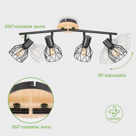 Kimjo LED Deckenstrahler 4 Flammig - LED Deckenleuchte E14 4 Flammig Schwarz Deckenlampe Holz - Schlafzimmer Deckenleuchte Küche Lampe Decke Wohnzimmerlampe - Spotleuchte Nein Leuchtmittel