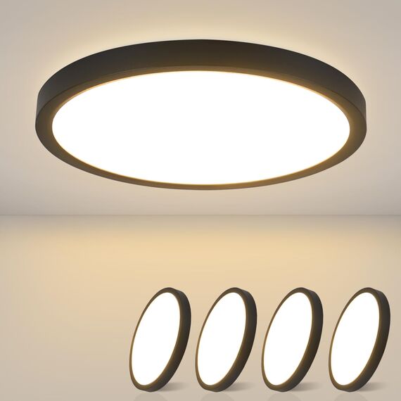 ZMH Deckenlampe LED Deckenleuchte Flach - 4ER Schlafzimmerlampe Ø23cm Küchenlampe Schwarz 18W Schlafzimmer Deckenbeleuchtung Badezimmerlampe IP44 Badlampe Rund Flurlampe Warmweiß für Bad Küche Flur