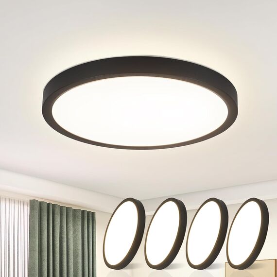 ZMH 4ER Deckenlampe LED Deckenleuchte Badezimmer - Badezimmerlampe Flach 15W Küchenlampe Schwarz Flurlampe 4000K Küche Deckenbeleuchtung Rund Badlampe Decke Ø18cm für Flur Bad Schlafzimmer