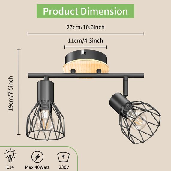 Kimjo Spot-Lampenfassungen – industrielle 2-Wege-drehbare LED-Deckenleuchte – schwarzes Holz Küche & Wohnzimmer E14 Deckenleuchten (ohne Leuchtmittel)