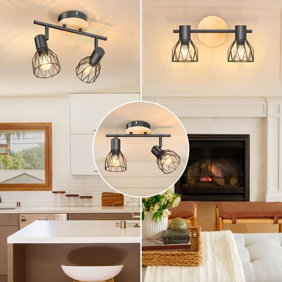Kimjo Spot-Lampenfassungen – industrielle 2-Wege-drehbare LED-Deckenleuchte – schwarzes Holz Küche & Wohnzimmer E14 Deckenleuchten (ohne Leuchtmittel)