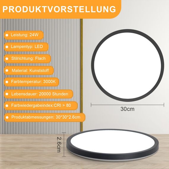 ZMH Deckenlampe LED Deckenleuchte Badezimmer - Ø30cm Badezimmerlampe Flach Schwarz Rhombenplatte Badlampe Rund Augenschutz Schlafzimmer Küchenlampe 24W Warmweiß Ultra Dünn Flurlampe für Küche Flur Bad