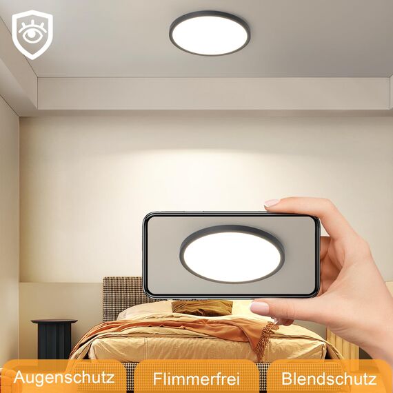 ZMH Deckenlampe LED Deckenleuchte Badezimmer - Ø30cm Badezimmerlampe Flach Schwarz Rhombenplatte Badlampe Rund Augenschutz Schlafzimmer Küchenlampe 24W Warmweiß Ultra Dünn Flurlampe für Küche Flur Bad