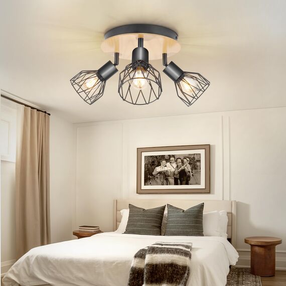 Kimjo Led Deckenstrahler 3 Flammig Rund Holz Schwenkbar - Deckenlampe Strahler Deckenleuchte E14 3 Flammig Schwarz - Spotleuchte Wand Küche Lampe Wohnzimmer Deckenspot Schlafzimmer Nein Leuchtmittel