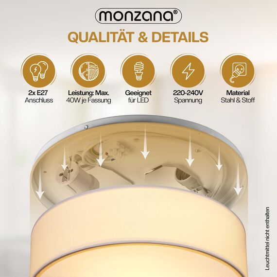 Monzana® Deckenlampe Stoff Wohnzimmer Schlafzimmer E27 Weiß 38cm Rund 2-Flammig 40W Lampe Flur Küche Deckenstrahler Deckenleuchte Stoffdeckenlampe