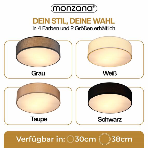Monzana® Deckenlampe Stoff Wohnzimmer Schlafzimmer E27 Grau 38cm Rund 2-Flammig 40W Lampe Flur Küche Deckenstrahler Deckenleuchte Stoffdeckenlampe