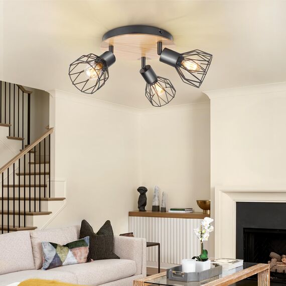 Kimjo Led Deckenstrahler 3 Flammig Rund Holz Schwenkbar - Deckenlampe Strahler Deckenleuchte E14 3 Flammig Schwarz - Spotleuchte Wand Küche Lampe Wohnzimmer Deckenspot Schlafzimmer Nein Leuchtmittel