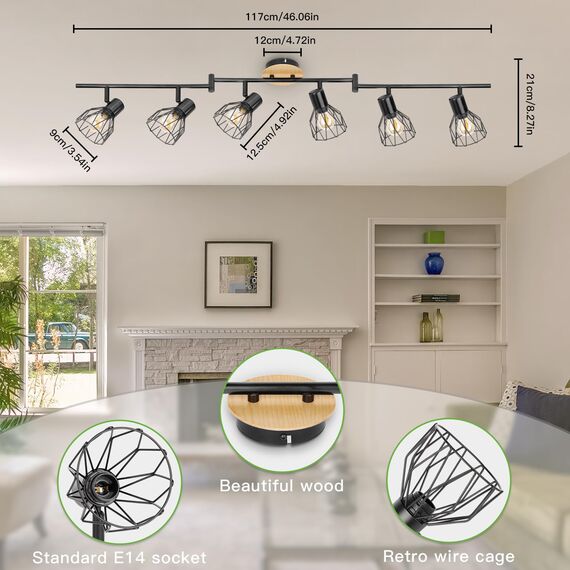 Kimjo Led Deckenstrahler 6 Flammig - Deckenleuchte Strahler E14 Schwenkbar - Leuchte Wohnzimmer Lampen Esszimmer Deckenlampe Schwarz 6 Flammig - Küchenlampen Decke Holz Deckenspot Ohne Leuchtmittel
