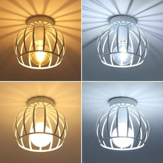 Goeco Deckenleuchte Weiß, E27 Lampenfassung Industrial Deckenlampe Lampenschirm in Form eines Metallkäfigs, Pendelleuchte innen Vintage für Flur, Balkon, Ø 19cm(Glühbirnen nicht inbegriffen)