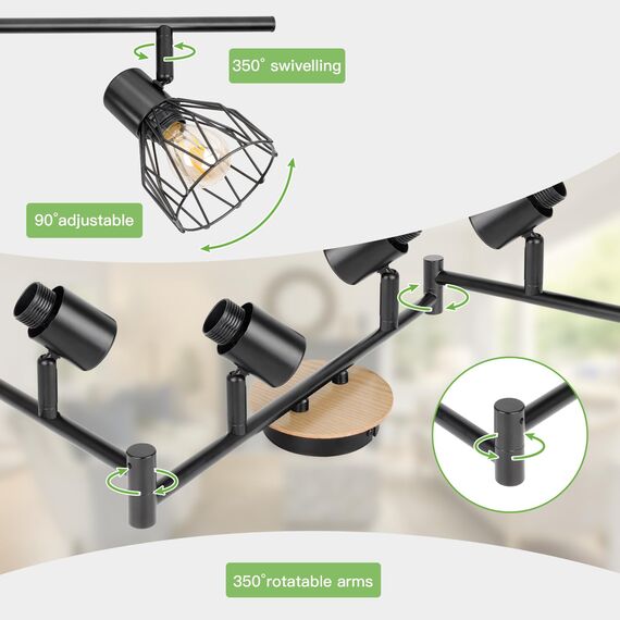 Kimjo Led Deckenstrahler 6 Flammig - Deckenleuchte Strahler E14 Schwenkbar - Leuchte Wohnzimmer Lampen Esszimmer Deckenlampe Schwarz 6 Flammig - Küchenlampen Decke Holz Deckenspot Ohne Leuchtmittel