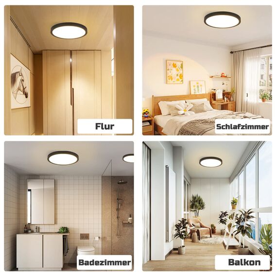 ZMH Deckenlampe LED Deckenleuchte Flach - Schlafzimmerlampe Ø23cm Badezimmerlampe Schwarz 18W Schlafzimmer Deckenbeleuchtung Badlampe IP44 Küchenlampe Rund Flurlampe Warmweiß für Badezimmer Küche Flur