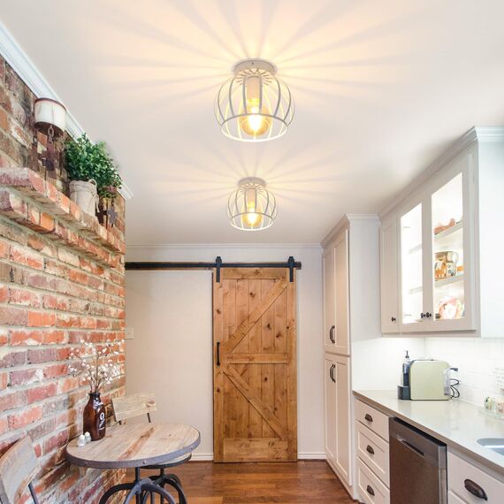 Goeco Deckenleuchte Weiß, E27 Lampenfassung Industrial Deckenlampe Lampenschirm in Form eines Metallkäfigs, Pendelleuchte innen Vintage für Flur, Balkon, Ø 19cm(Glühbirnen nicht inbegriffen)