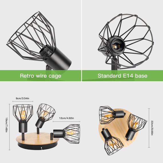 Kimjo Led Deckenstrahler 3 Flammig Rund Holz Schwenkbar - Deckenlampe Strahler Deckenleuchte E14 3 Flammig Schwarz - Spotleuchte Wand Küche Lampe Wohnzimmer Deckenspot Schlafzimmer Nein Leuchtmittel