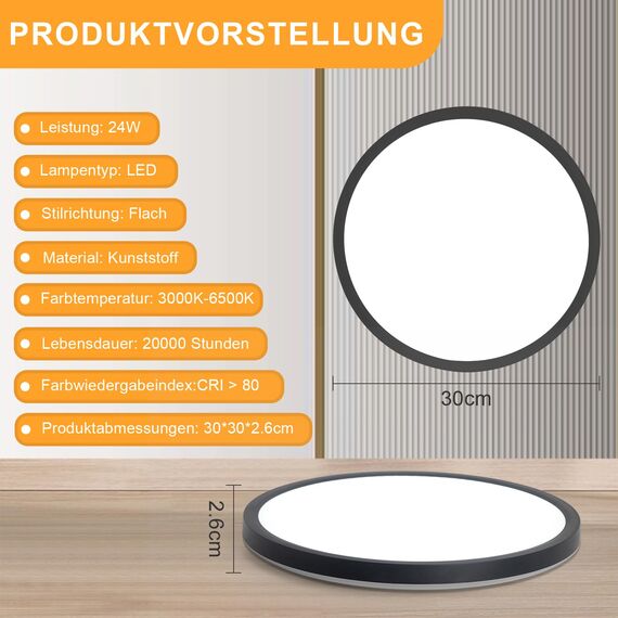 ZMH 3ER Deckenlampe LED Deckenleuchte Badezimmer - Ø30cm Badezimmerlampe Dimmbar Schwarz Rhombenplatte Badlampe Flach Rund Flurlampe 24W Küchenlampe Schlafzimmerlampe für Küche Flur Bad Schlafzimmer