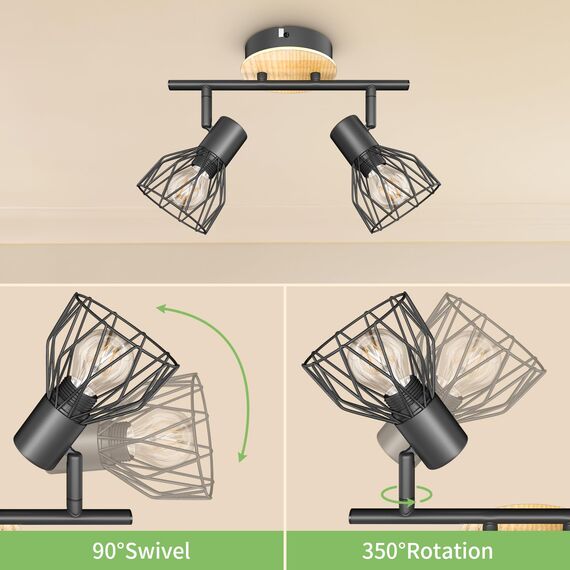 Kimjo Spot-Lampenfassungen – industrielle 2-Wege-drehbare LED-Deckenleuchte – schwarzes Holz Küche & Wohnzimmer E14 Deckenleuchten (ohne Leuchtmittel)