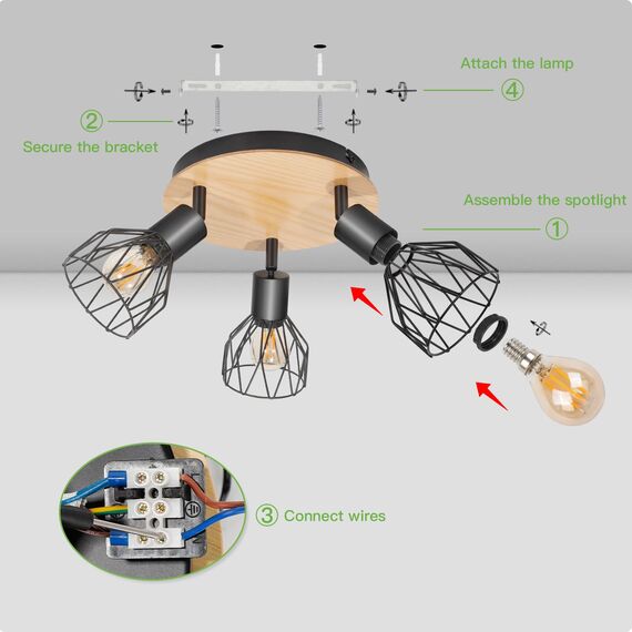 Kimjo Led Deckenstrahler 3 Flammig Rund Holz Schwenkbar - Deckenlampe Strahler Deckenleuchte E14 3 Flammig Schwarz - Spotleuchte Wand Küche Lampe Wohnzimmer Deckenspot Schlafzimmer Nein Leuchtmittel
