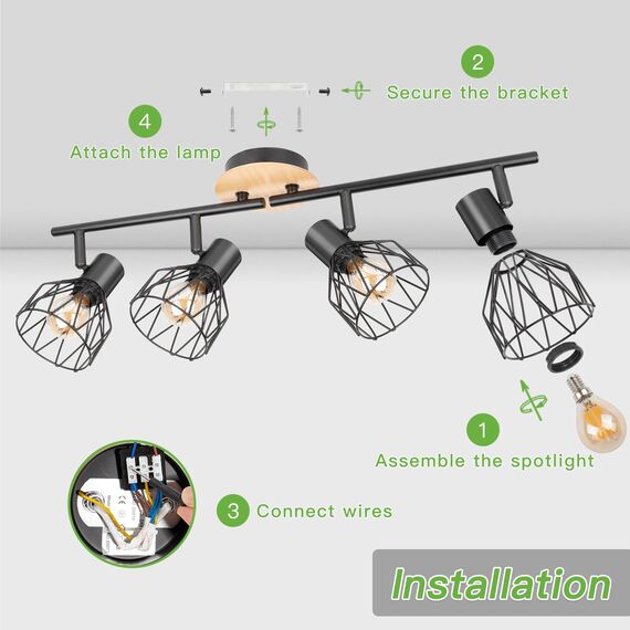 Kimjo LED Deckenstrahler 4 Flammig - LED Deckenleuchte E14 4 Flammig Schwarz Deckenlampe Holz - Schlafzimmer Deckenleuchte Küche Lampe Decke Wohnzimmerlampe - Spotleuchte Nein Leuchtmittel