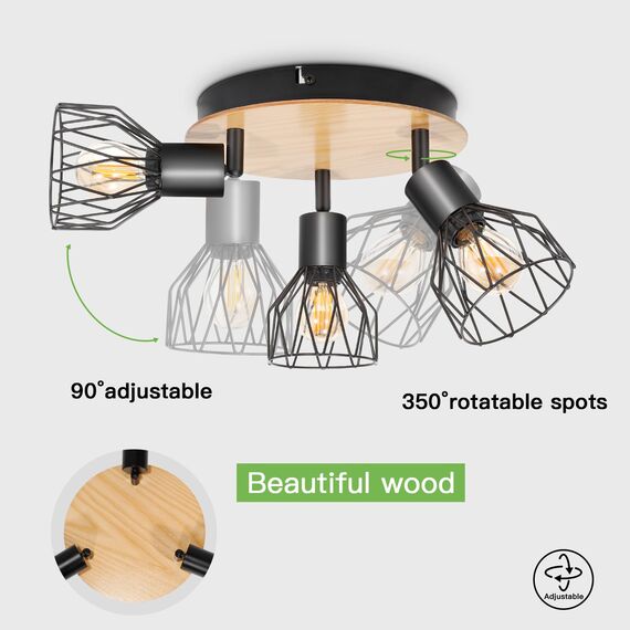 Kimjo Led Deckenstrahler 3 Flammig Rund Holz Schwenkbar - Deckenlampe Strahler Deckenleuchte E14 3 Flammig Schwarz - Spotleuchte Wand Küche Lampe Wohnzimmer Deckenspot Schlafzimmer Nein Leuchtmittel