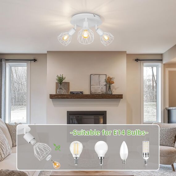Kimjo Lampe Deckenstrahler Weiß Rund Schwenkbar - Strahler Deckenleuchte E14 - LED Deckenstrahler Weiss - Deckenlampe 3 Flammig - Küchenlampe Deckenleuchte Wohnzimmer Lampe Deckenspot