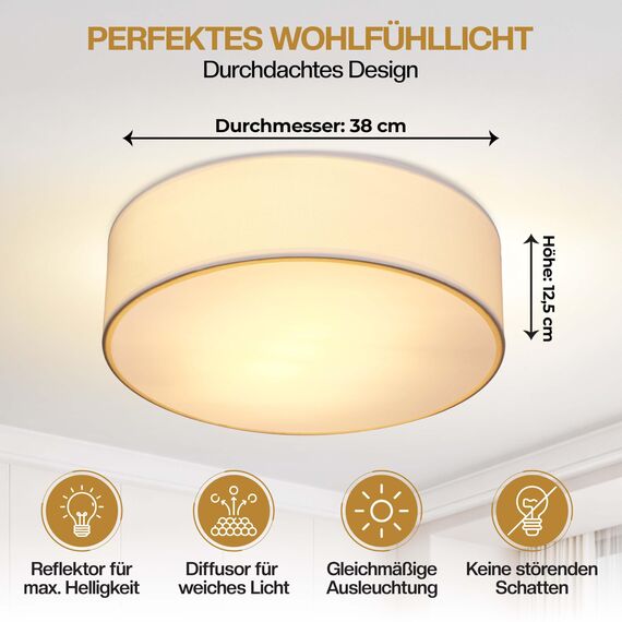 Monzana® Deckenlampe Stoff Wohnzimmer Schlafzimmer E27 Weiß 38cm Rund 2-Flammig 40W Lampe Flur Küche Deckenstrahler Deckenleuchte Stoffdeckenlampe