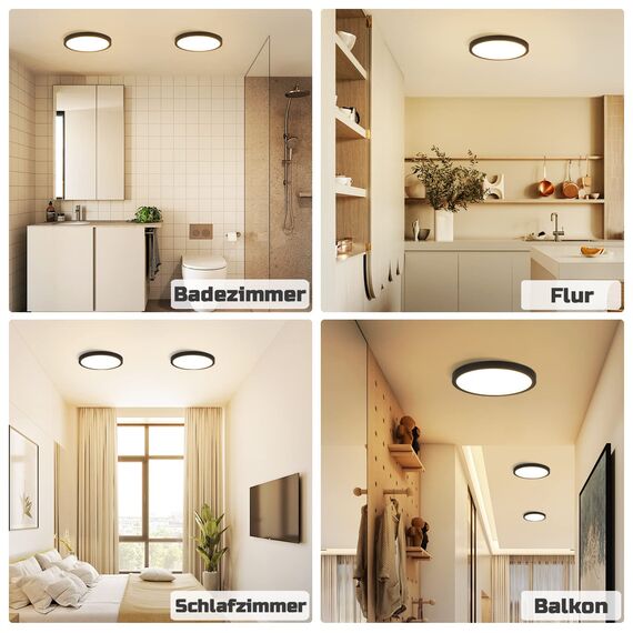 ZMH Deckenlampe LED Deckenleuchte Flach - Küchenlampe Schwarz 15W Badezimmerlampe Rund Küche Deckenbeleuchtung 3000K Klein Badlampe IP44 Flurlampe Ø18cm für Schlafzimmer Bad Flur