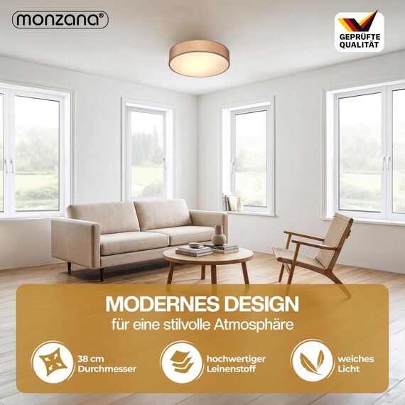 Monzana® Deckenlampe Stoff Wohnzimmer Schlafzimmer E27 Taupe 38cm Rund 2-Flammig 40W Lampe Flur Küche Deckenstrahler Deckenleuchte Stoffdeckenlampe