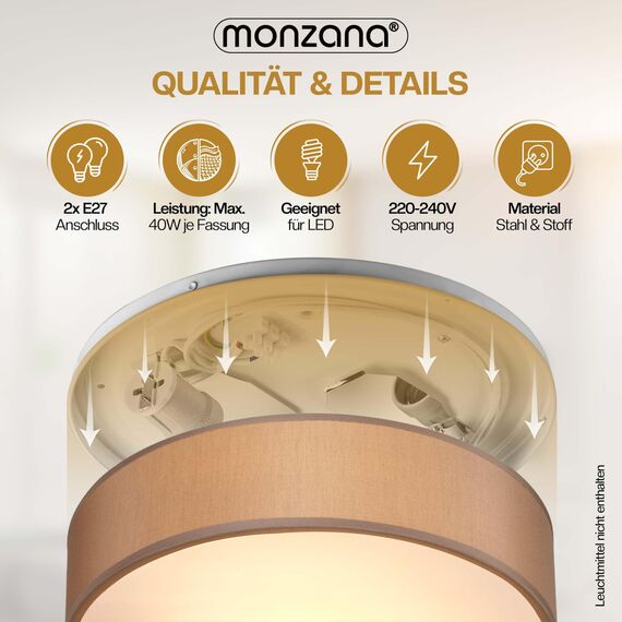 Monzana® Deckenlampe Stoff Wohnzimmer Schlafzimmer E27 Taupe 38cm Rund 2-Flammig 40W Lampe Flur Küche Deckenstrahler Deckenleuchte Stoffdeckenlampe