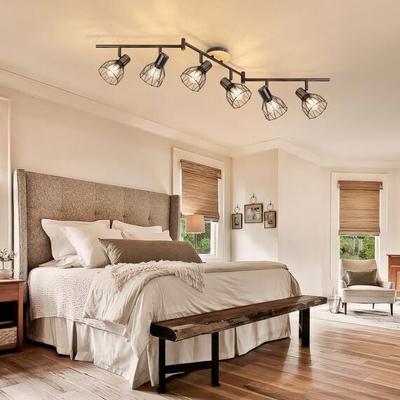 Kimjo Led Deckenstrahler 6 Flammig - Deckenleuchte Strahler E14 Schwenkbar - Leuchte Wohnzimmer Lampen Esszimmer Deckenlampe Schwarz 6 Flammig - Küchenlampen Decke Holz Deckenspot Ohne Leuchtmittel