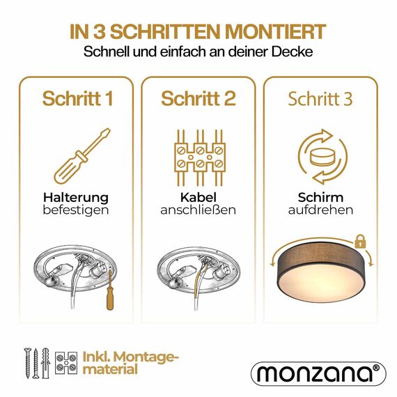 Monzana® Deckenlampe Stoff Wohnzimmer Schlafzimmer E27 Grau 38cm Rund 2-Flammig 40W Lampe Flur Küche Deckenstrahler Deckenleuchte Stoffdeckenlampe