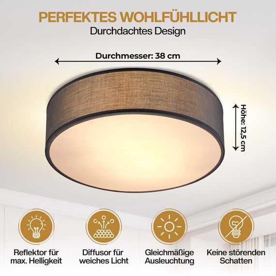 Monzana® Deckenlampe Stoff Wohnzimmer Schlafzimmer E27 Grau 38cm Rund 2-Flammig 40W Lampe Flur Küche Deckenstrahler Deckenleuchte Stoffdeckenlampe