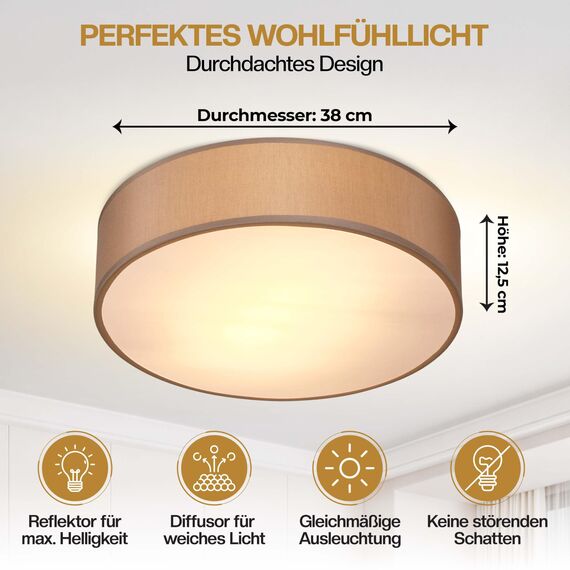 Monzana® Deckenlampe Stoff Wohnzimmer Schlafzimmer E27 Taupe 38cm Rund 2-Flammig 40W Lampe Flur Küche Deckenstrahler Deckenleuchte Stoffdeckenlampe