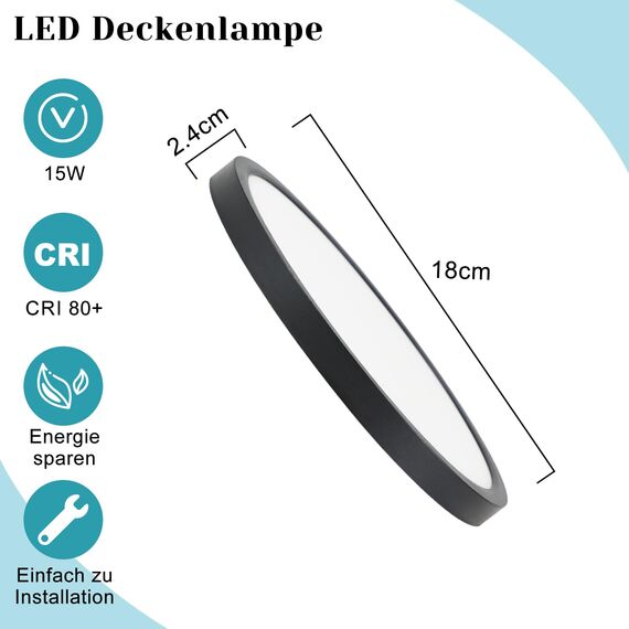 ZMH Deckenlampe LED Deckenleuchte Badezimmer - Badezimmerlampe Flach 15W Küchenlampe Schwarz Flurlampe 4000K Küche Deckenbeleuchtung Rund Badlampe Decke Ø18cm für Flur Bad Schlafzimmer