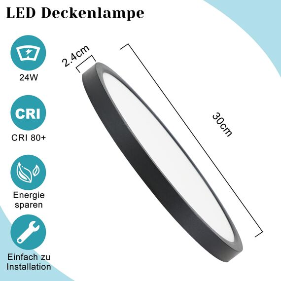 ZMH Deckenlampe LED Deckenleuchte Badezimmer - Ø30cm Badezimmerlampe Flach Schlafzimmerlampe Schwarz Küchenlampe Rund Schlafzimmer Deckenbeleuchtung 24W Flurlampe 3000K Badlampe für Küche Flur Bad