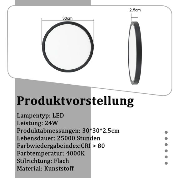 ZMH Deckenlampe LED Deckenleuchte Badezimmer - Ø30cm Badezimmerlampe Flach Schlafzimmerlampe Schwarz Küchenlampe 4000K Schlafzimmer Deckenbeleuchtung 24W Badlampe Rund Flurlampe für Bad Küche Flur