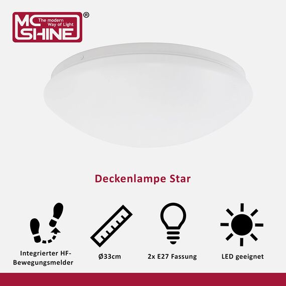 McShine Deckenleuchte | Star | 2-flammig, Sockel für 2x E27-Leuchtmittel, HF Bewegungsmelder | Deckenlampe Ø33cm ideal für Eingang, Treppenhaus, Flur, Gartenhaus, Garage