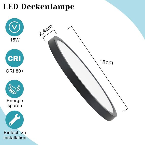 ZMH 3ER Deckenlampe LED Deckenleuchte Badezimmer - Badezimmerlampe Flach 15W Küchenlampe Schwarz Flurlampe Rund Flur Deckenbeleuchtung Kaltweiß Ø18cm Badlampe Klein für Küche Bad Schlafzimmer