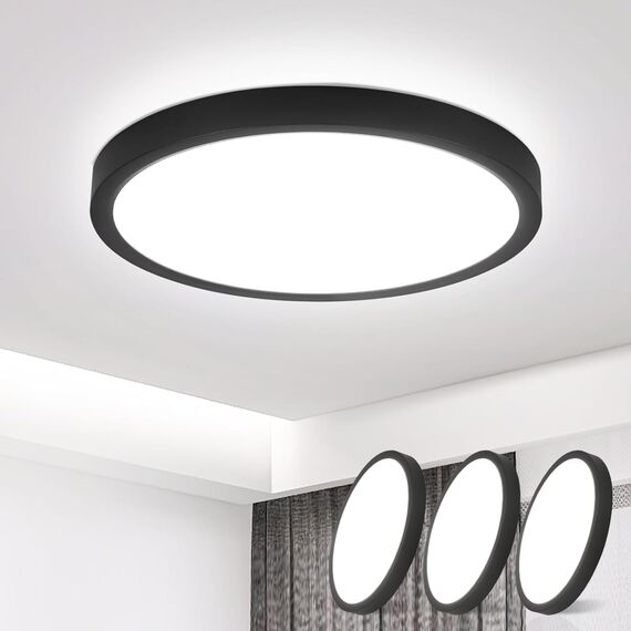 ZMH 3ER Deckenlampe LED Deckenleuchte Badezimmer - Badezimmerlampe Flach 15W Küchenlampe Schwarz Flurlampe Rund Flur Deckenbeleuchtung Kaltweiß Ø18cm Badlampe Klein für Küche Bad Schlafzimmer