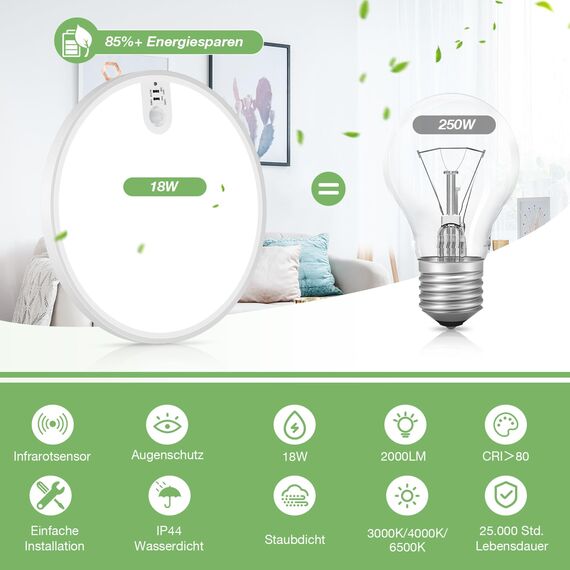 Led Deckenleuchte mit Bewegungsmelder innen - Lampe mit Bewegungsmelder Innen Deckenlampe Led, 18W 2000LM Rund 3000K 4000K 6500K Weiss Wandleuchte Wandlampe Sensor Licht für Flur Keller Balkon Treppen