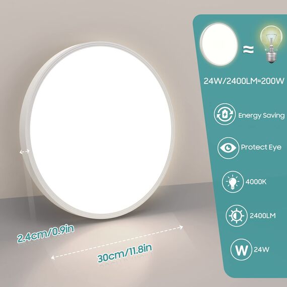 Deckenlampe Led Deckenleuchte Flach Rund, Ø30CM 24W 4000K 2400LM Neutralweiß Modern Küchenlampe Led Deckenlampe Bad Wohnzimmer Lampe Decke für Küche Schlafzimmer Badezimmer Kinderzimmer Flur Keller