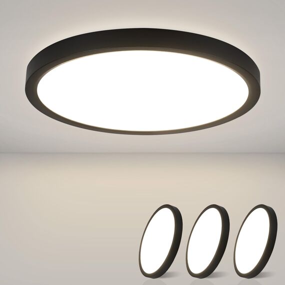 ZMH Deckenlampe LED Deckenleuchte Flach - 3ER Badezimmerlampe 18W Neutralweiß Ø23cm Badezimmer Deckenbeleuchtung Schlafzimmerlampe IP44 Wasserdicht Badlampe Rund Flurlampe Schwarz für Bad Schlafzimmer