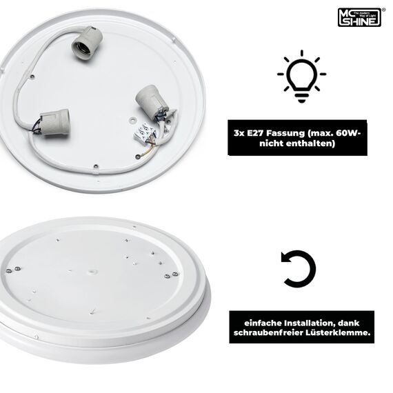 McShine Deckenleuchte | STAR | Ø37,5cm 3-flammig Sockel für E27 Leuchtmittel | runde Deckenlampe LED geeignet, weiß für Wohnzimmer, Flur, Arbeitszimmer, Büro