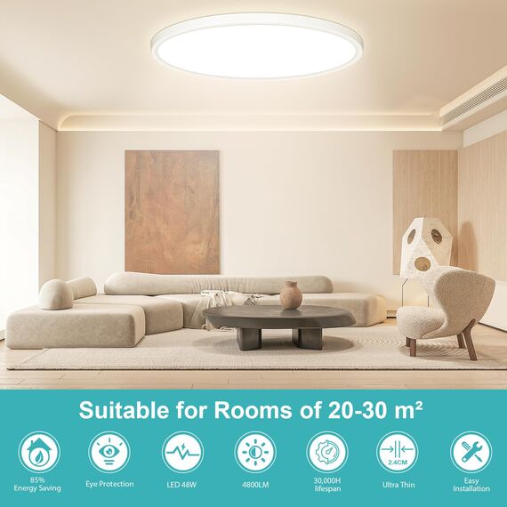 50CM Deckenlampe Led Deckenleuchte Flach - 48W 4800LM 4000K Neutralweiß Rund LED Deckenlampe Wohnzimmer Utra Dünn 2,4CM Lampe Decke für Küche Schlafzimmer Badezimmer Kinderzimmer Flur Modern IP44