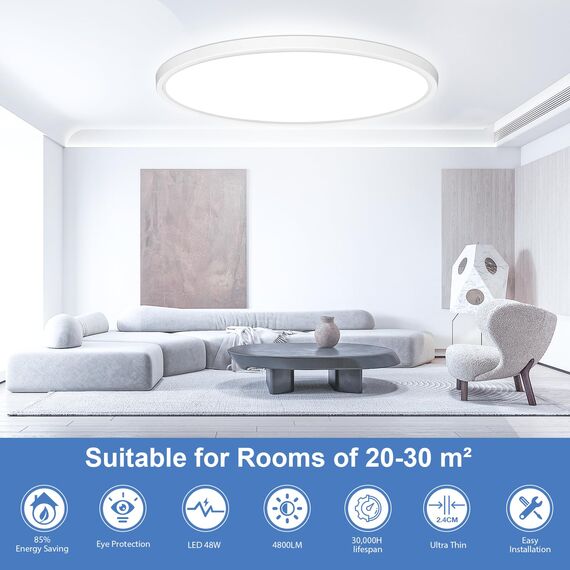 50CM Deckenlampe Led Deckenleuchte Flach - 48W 6500K 4800LM Kaltweiß Rund Küchenlampe Badlampe Led Deckenlampe Wohnzimmer Lampe Decke für Küche Schlafzimmer Badezimmer Kinderzimmer Modern Utra Dünn