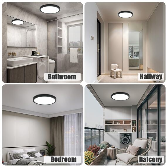ZMH Deckenlampe LED Deckenleuchte Flach - Ø23cm Badezimmerlampe Kaltweiß Schlafzimmerlampe Schwarz 18W Schlafzimmer Deckenbeleuchtung Küchenlampe IP44 Flurlampe Rund für Bad Küche Flur Wohnzimmer