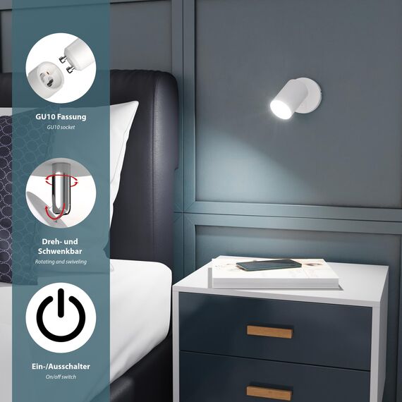 ledscom.de 2 Stück Wandleuchte WAIKA, Schalter, weiß matt, rund, 1x GU10 max. 60W