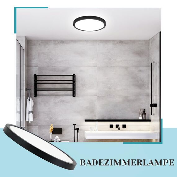 ZMH Deckenlampe LED Deckenleuchte Badezimmer - Badezimmerlampe Flach 15W Küchenlampe Schwarz Flurlampe Rund Flur Deckenbeleuchtung Kaltweiß Ø18cm Badlampe Klein für Küche Bad Schlafzimmer