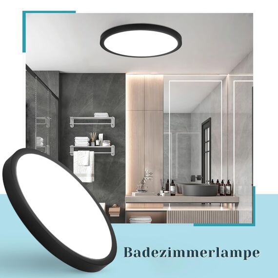 ZMH Deckenlampe LED Deckenleuchte Badezimmer - Ø30cm Badezimmerlampe Flach Schlafzimmerlampe Schwarz Küchenlampe Rund Schlafzimmer Deckenbeleuchtung 24W Flurlampe Kaltweiß Badlampe für Küche Flur Bad