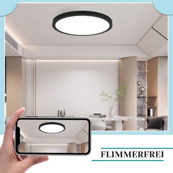 ZMH Deckenlampe LED Deckenleuchte Badezimmer - Ø30cm Badezimmerlampe Flach Schlafzimmerlampe Schwarz Küchenlampe Rund Schlafzimmer Deckenbeleuchtung 24W Flurlampe Kaltweiß Badlampe für Küche Flur Bad