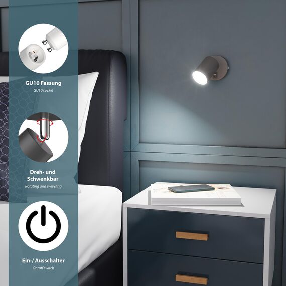 ledscom.de Wandleuchte WAIKA, Schalter, anthrazit matt, rund, 1x GU10 max. 60W